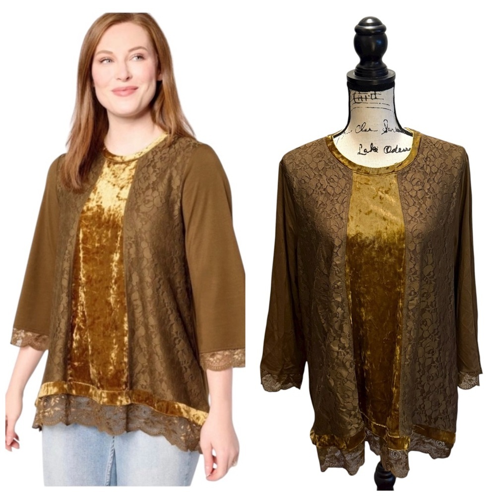 LOGO Lavish by Lori Goldstein Crushed Velvet Lace Brown Desert palm Size Large